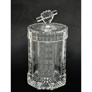Antique O'Haras Clear Pressed Glass jar W/Lid & Decorative Floral Pattern Design